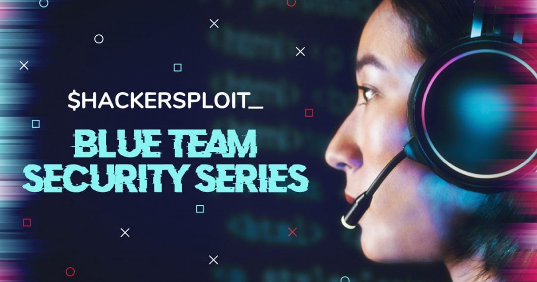 Image depicts a human femal wearing a headset with a microphone positioned above her lip with the text HackerSploit Blue Team Security Series to the left
