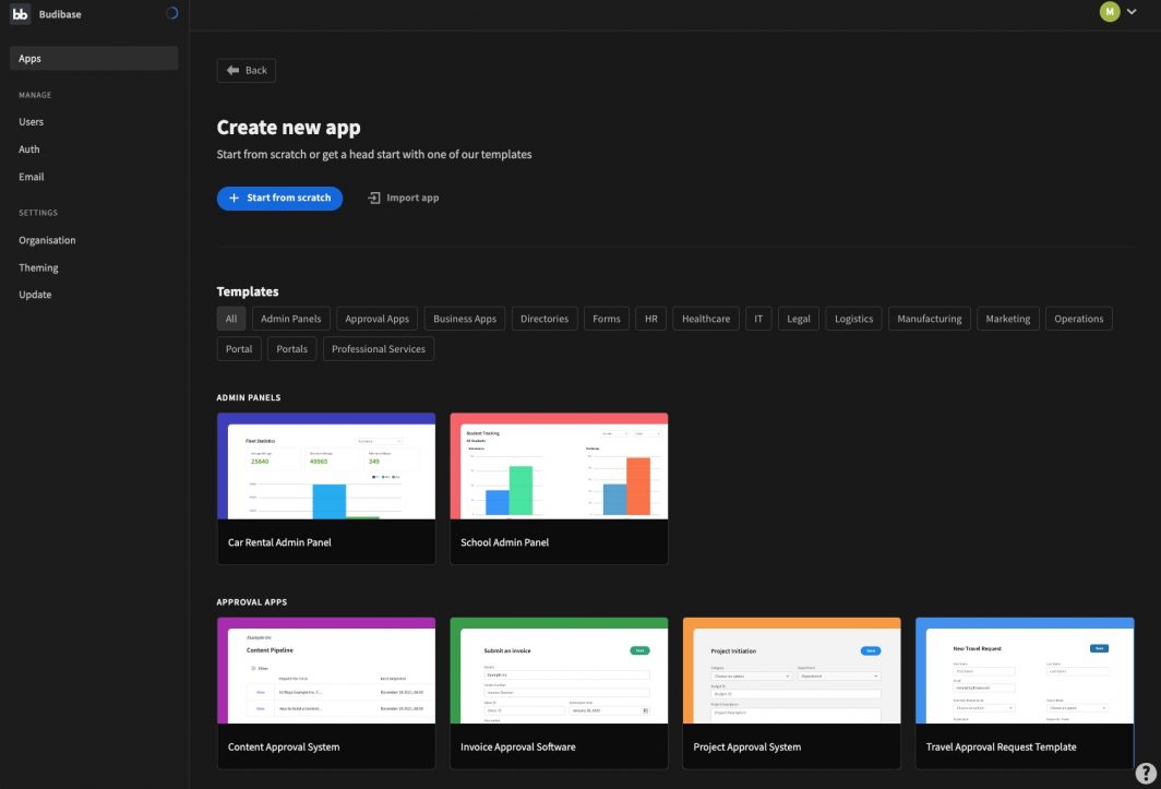 Screenshot of Budibase Home, a low-code development platform