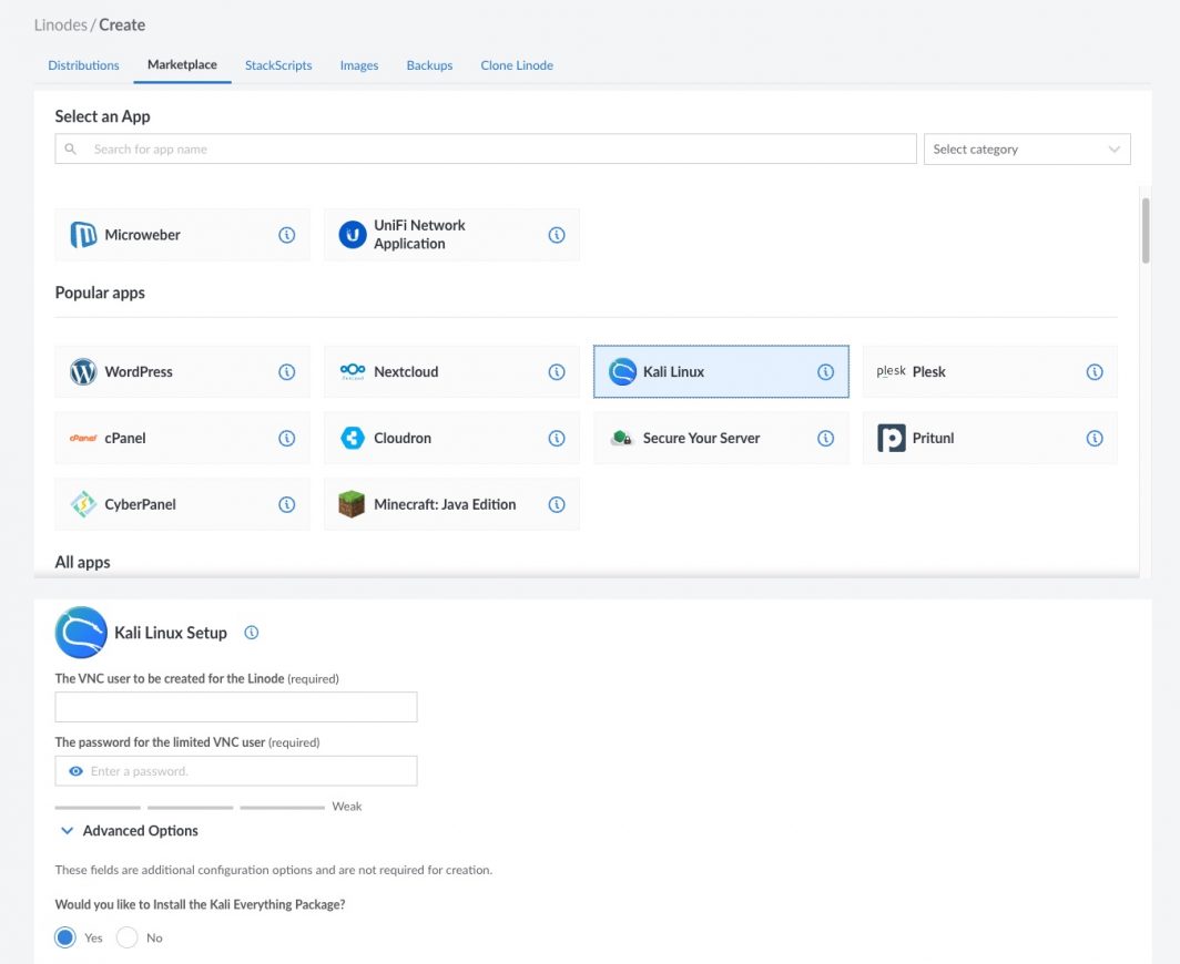 Screenshot do Marketplace in Cloud Manager com Kali Linux selecionado e os campos de configuração visíveis logo abaixo do painel do Marketplace.
