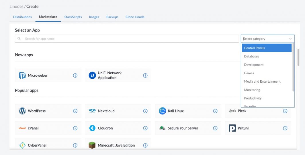 Screenshot of Marketplace in cloud manager with the category dropdown open to filter by app category.