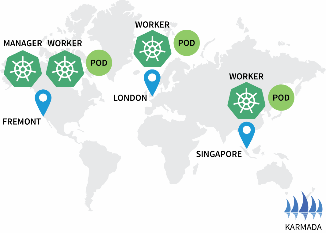 Mapa gráfico mostrando os aglomerados de Kubernetes localizados em cada região (Fremont, CA, Londres, e Singapura)