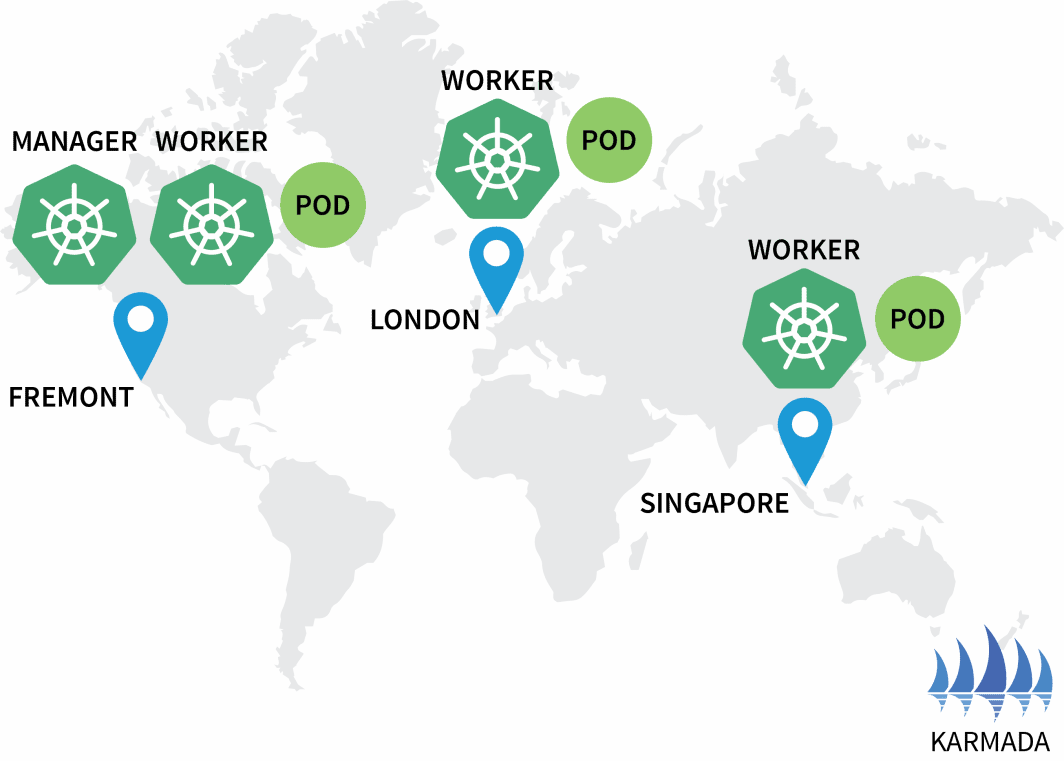 Grafico della mappa che mostra i cluster Kubernetes situati in ogni regione (Fremont, CA, Londra e Singapore)