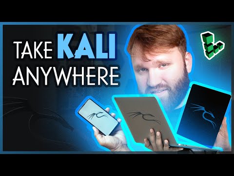 ブランドン・ホプキンスは、「Take Kali Anywhere」というテキストが書かれた携帯電話とタブレットを横に抱えている。