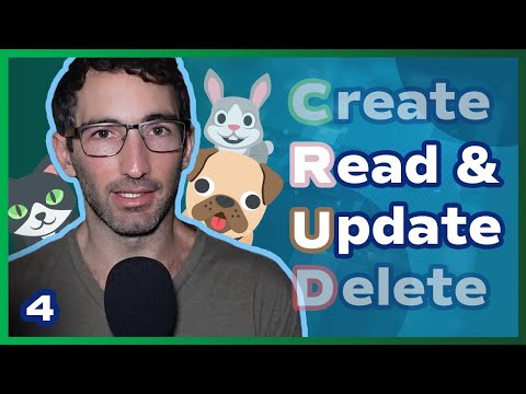 Um homem de óculos e uma camisa cinzenta em frente de um microfone com uma versão cartoon de um gato, cachorro e coelho ao seu lado juntamente com o texto Create Read &amp; Update Delete