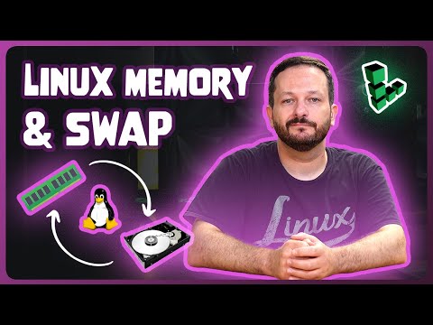Jay LaCroix con el texto Linux Memory and Swap como título, junto con la imagen de un pingüino, un disco duro y la memoria RAM de un ordenador, y el logotipo de Linode .