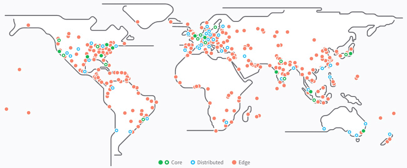 Vista global de las ubicaciones de Akamai Core, Distributed y Edge.