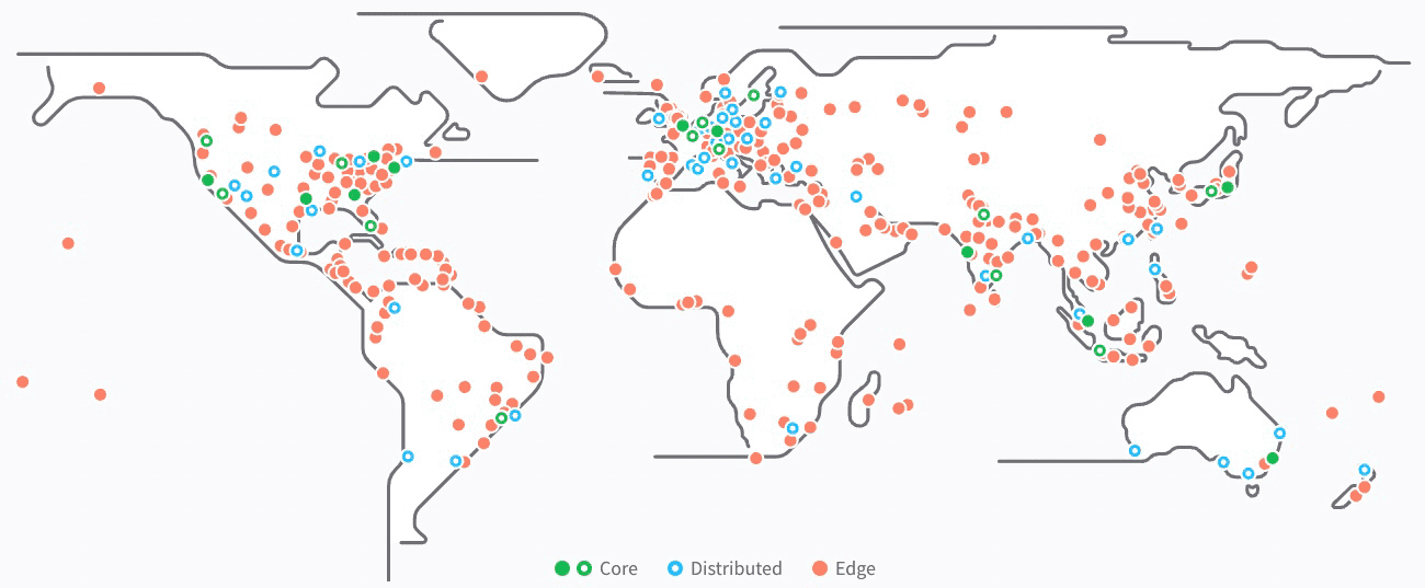 Vue globale des sites Akamai Core, Distributed et Edge.