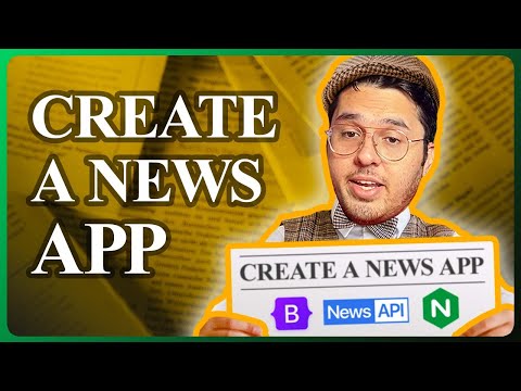 Create a News App featuring Harry holding a sign with the logos of Boostrap, NewsApi, and NGINX.