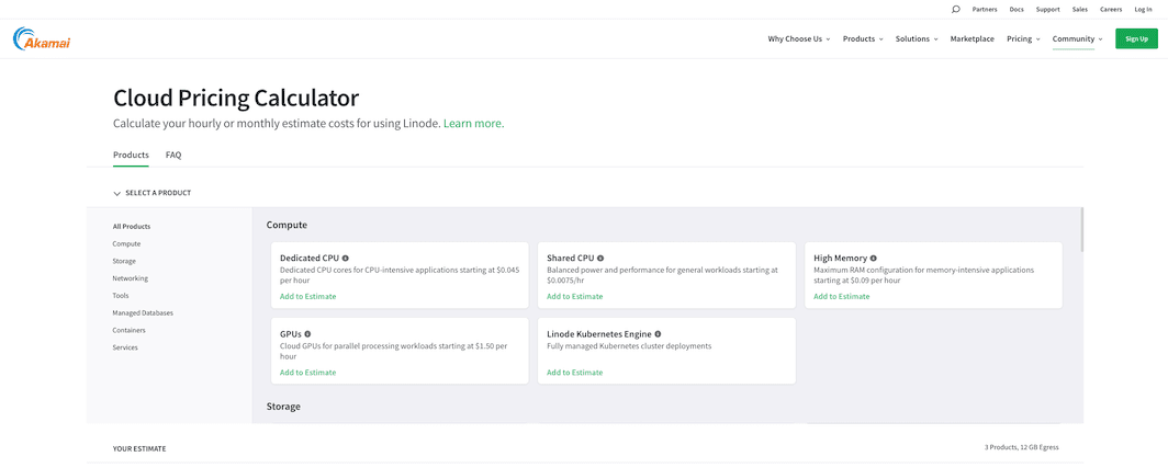 Screenshot Cloud Pricing Calculator