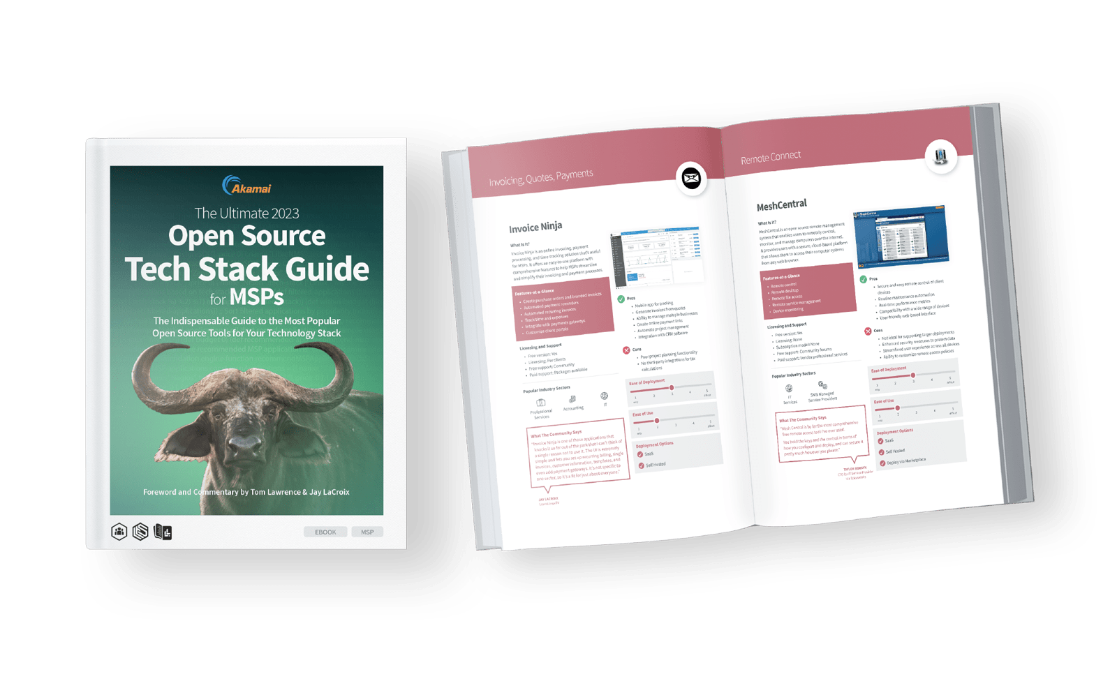 Image showing the cover of The 2023 Open Source Tech Stack Guide for MSPs alongside the book opened to pages showing info on featured tools Invoice Ninja and MeshCentral.