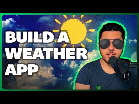 Codifica con Harry delante de un micrófono con el texto Build a Weather App.