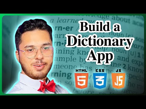 Das Bild zeigt Harry von Code with Harry und den Text build a dictionary app, zusammen mit den HTML5-, CSS- und Javascript-Logos.