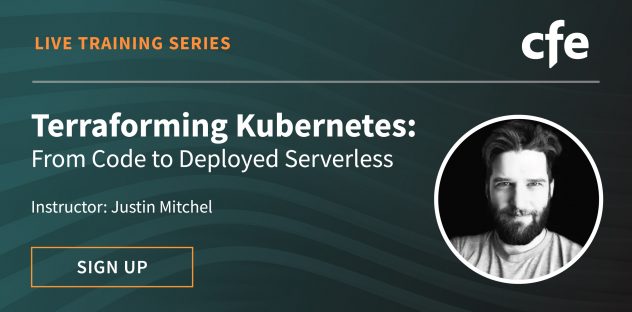 Imagen destacada del seminario Terraforming Kubernetes: From Code to Deployed Serverless webinar que cuenta con Justin Mitchel, cuya foto también aparece en la imagen junto a un botón de inscripción.