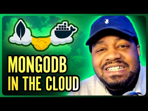 Imagem de Josh, apresentador do canal do YouTube - KeepItTechie - ao lado dos logotipos do Docker e do MongoDB, que estão situados acima do texto MongoDB In the Cloud.