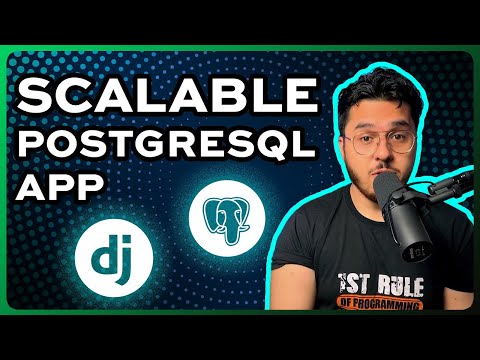Harry de YouTube Code avec Harry à côté des logos Django et PostgreSQL, qui sont situés sous le texte Scalable PostgreSQL App.